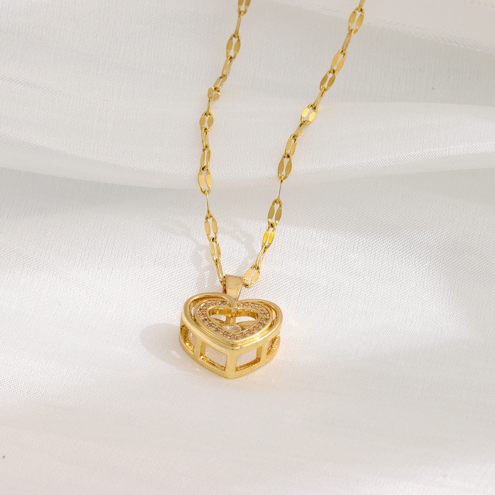 Titanium Steel Pendant Double-layer Love Necklace with Rhinestones Fashion Jewelry Woman