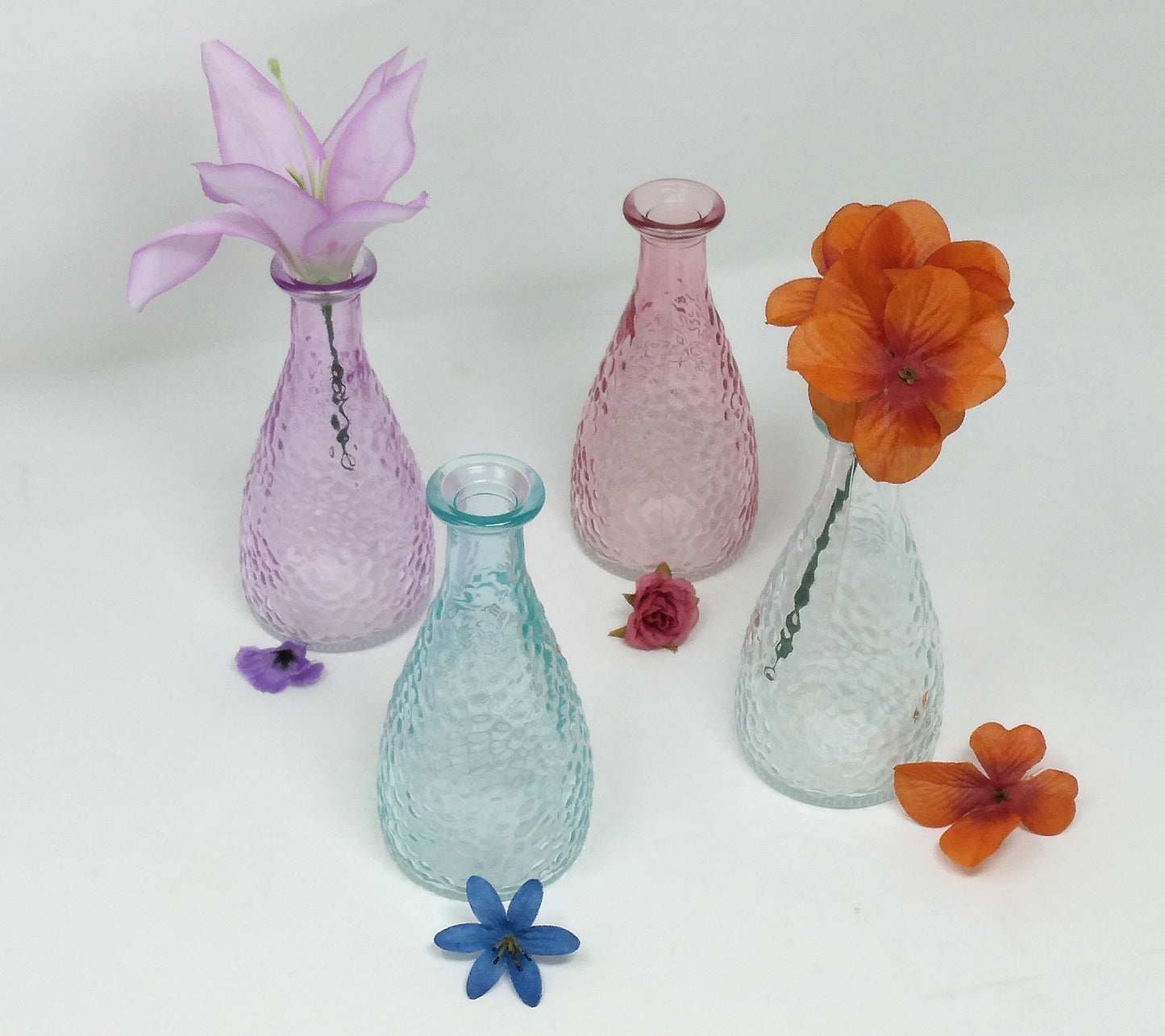 Set 4 Vases Pink Purple Green and Clear