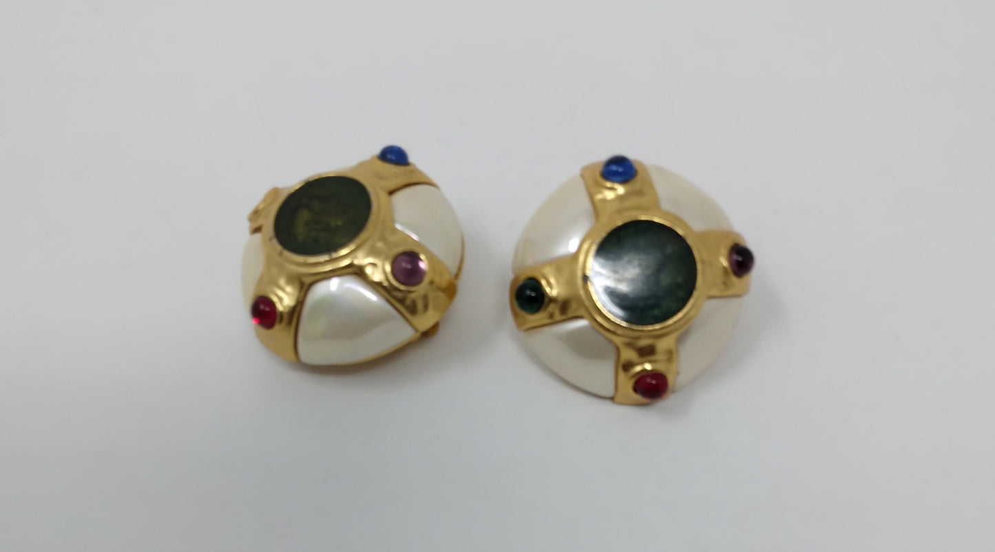 Vintage Carolee Round Roman coin back Caged Mabe Faux Pearls and Colorful Cabochon Stones Clip-on Earrings
