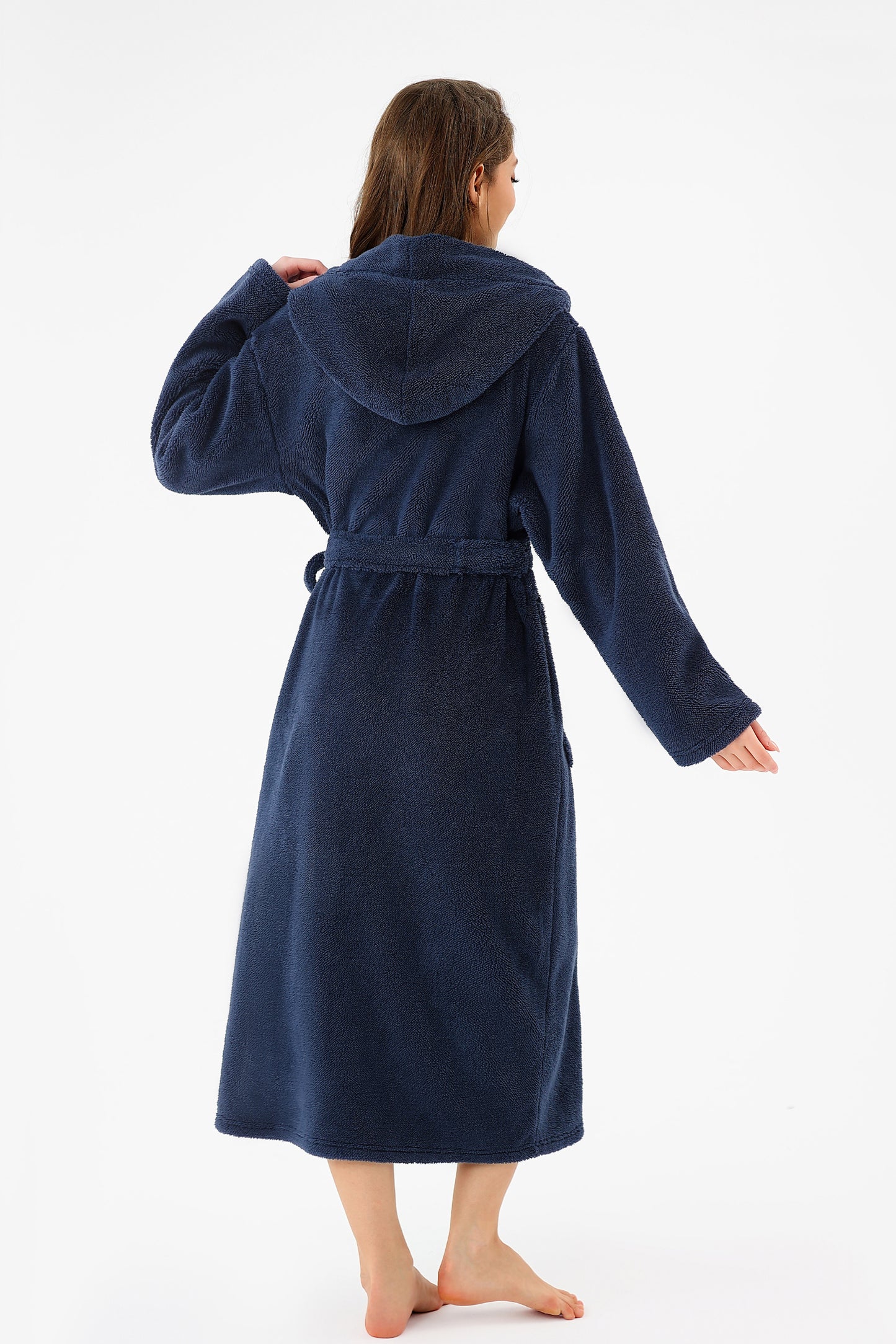 Women’s Plush Hooded Fleece Bathrobe with Pockets