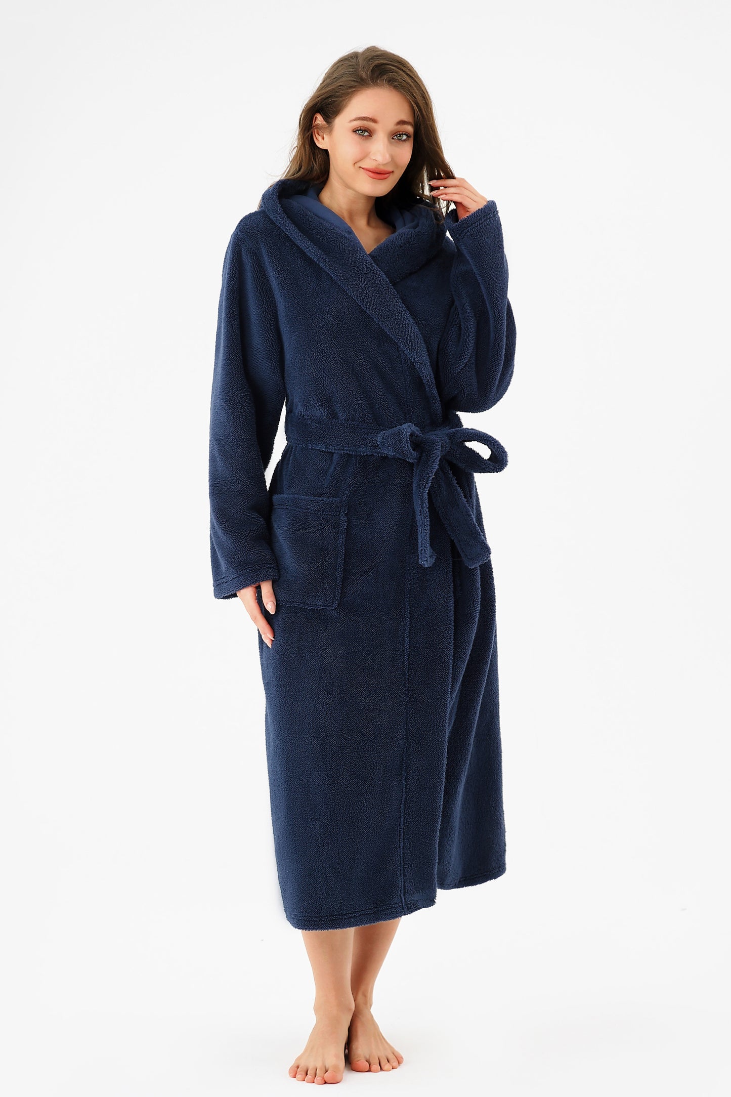 Women’s Plush Hooded Fleece Bathrobe with Pockets
