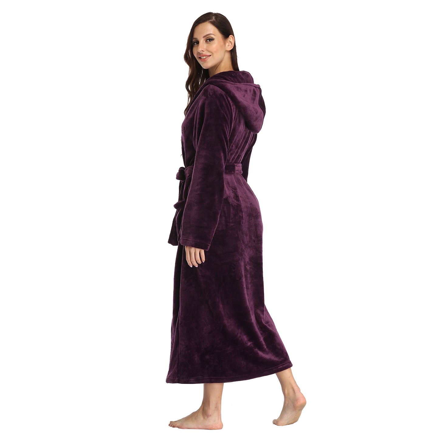 Ladies Long Fleece Bathrobe with Hood and Pockets