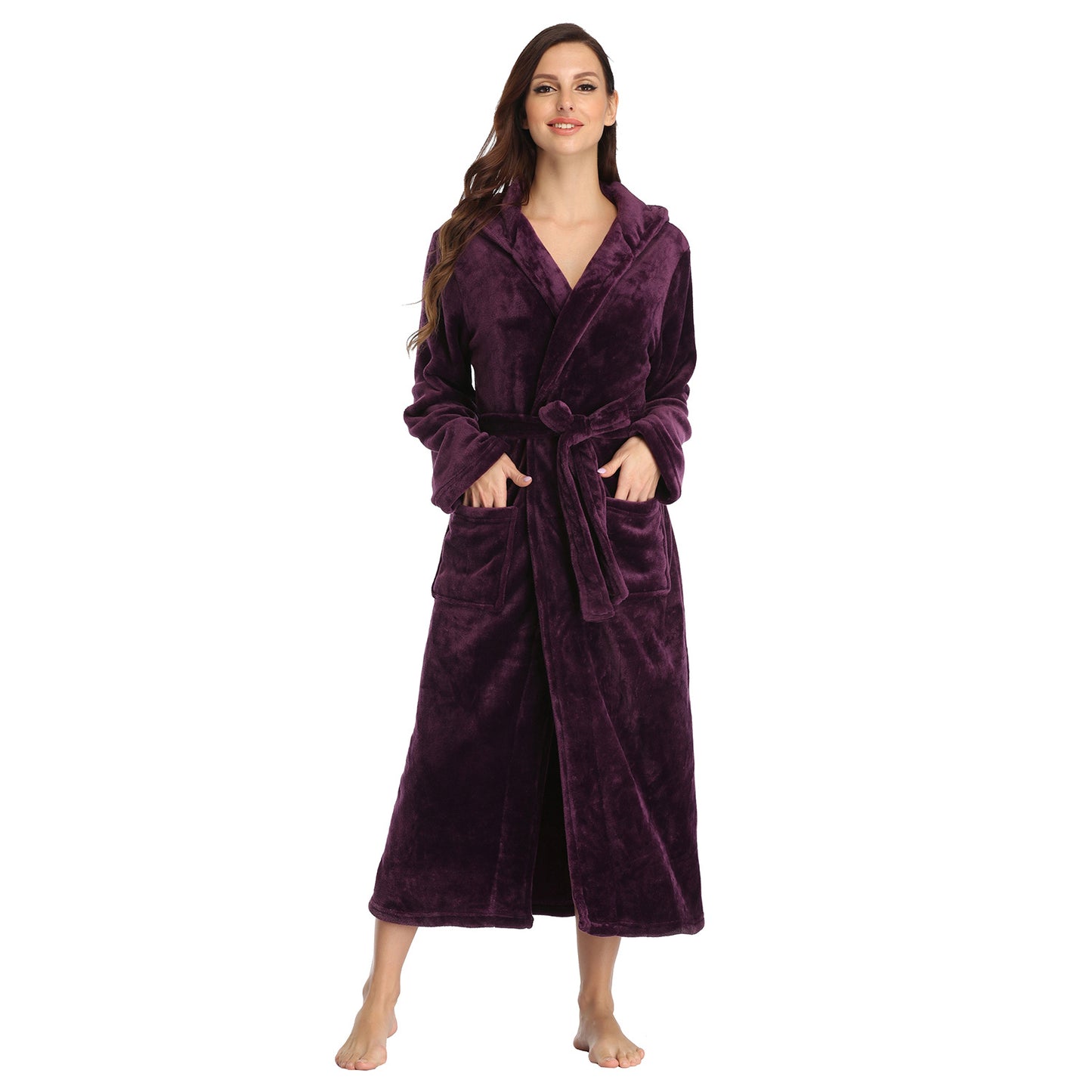 Ladies Long Fleece Bathrobe with Hood and Pockets