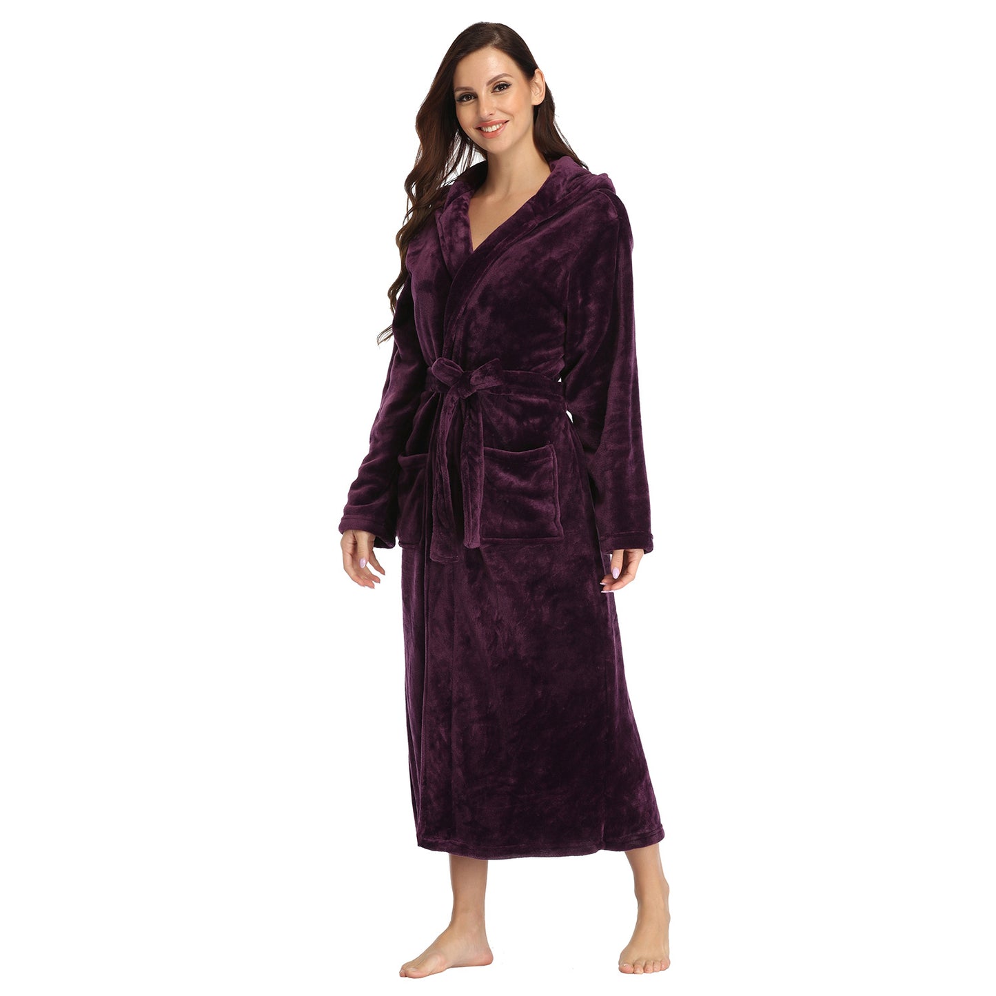 Ladies Long Fleece Bathrobe with Hood and Pockets
