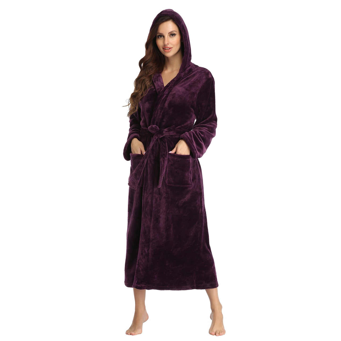 Ladies Long Fleece Bathrobe with Hood and Pockets