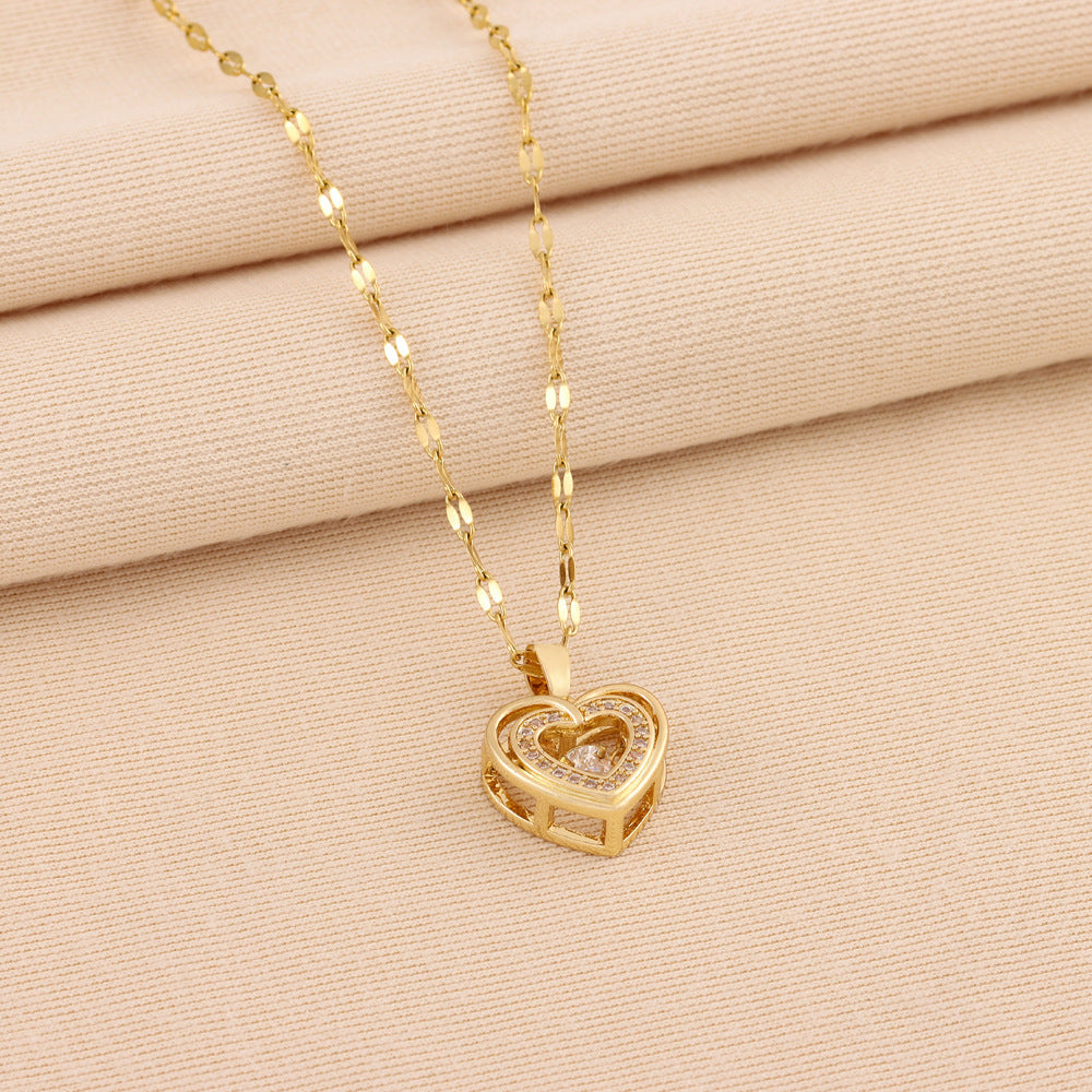 Titanium Steel Pendant Double-layer Love Necklace with Rhinestones Fashion Jewelry Woman