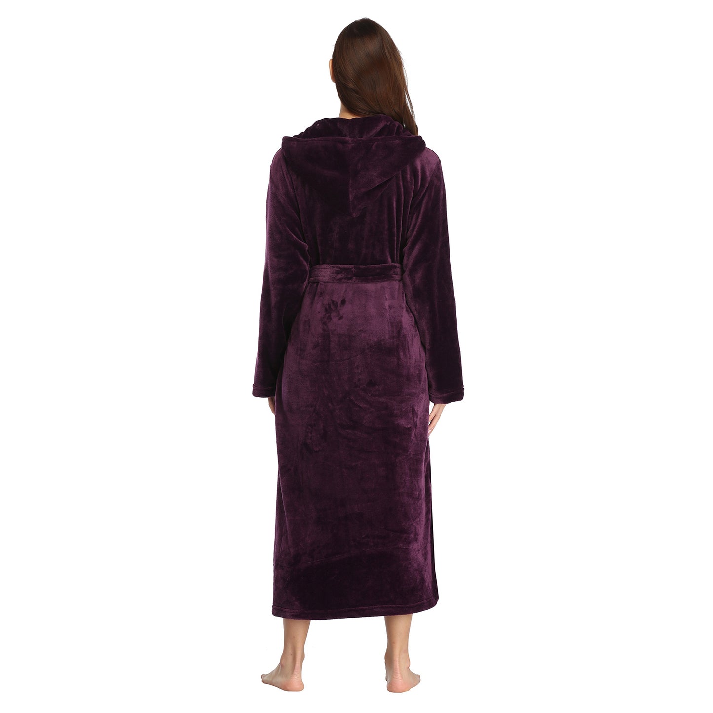 Ladies Long Fleece Bathrobe with Hood and Pockets
