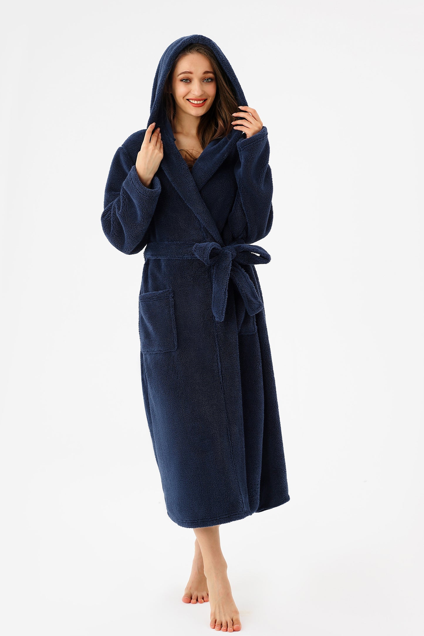 Women’s Plush Hooded Fleece Bathrobe with Pockets