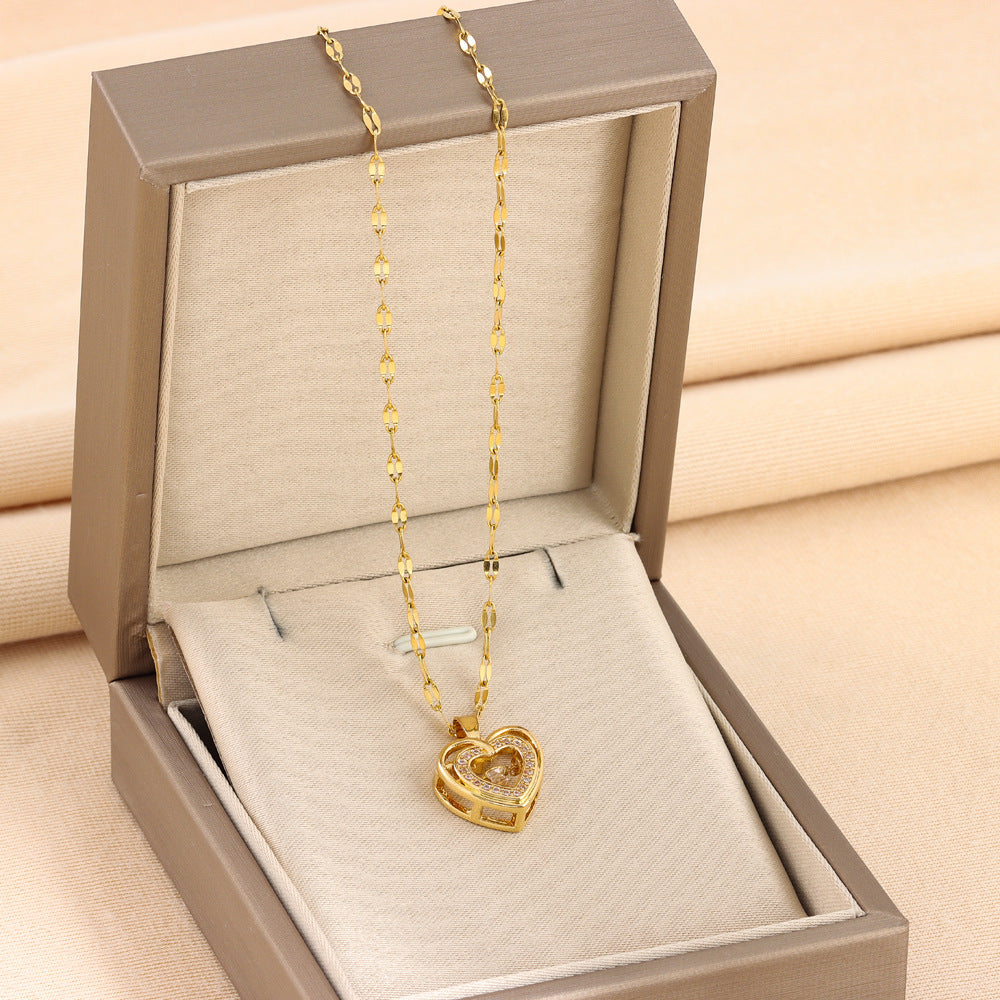 Titanium Steel Pendant Double-layer Love Necklace with Rhinestones Fashion Jewelry Woman