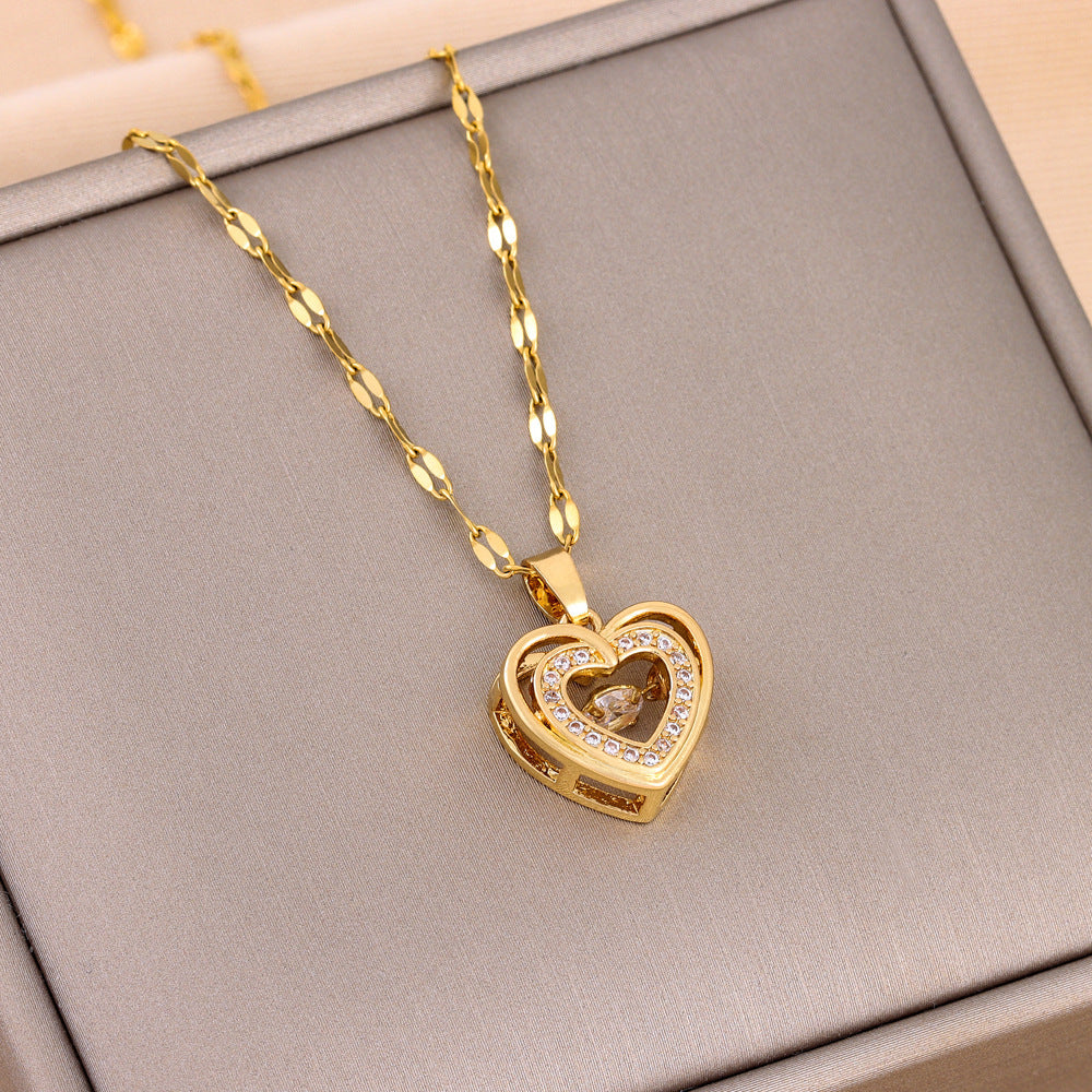Titanium Steel Pendant Double-layer Love Necklace with Rhinestones Fashion Jewelry Woman