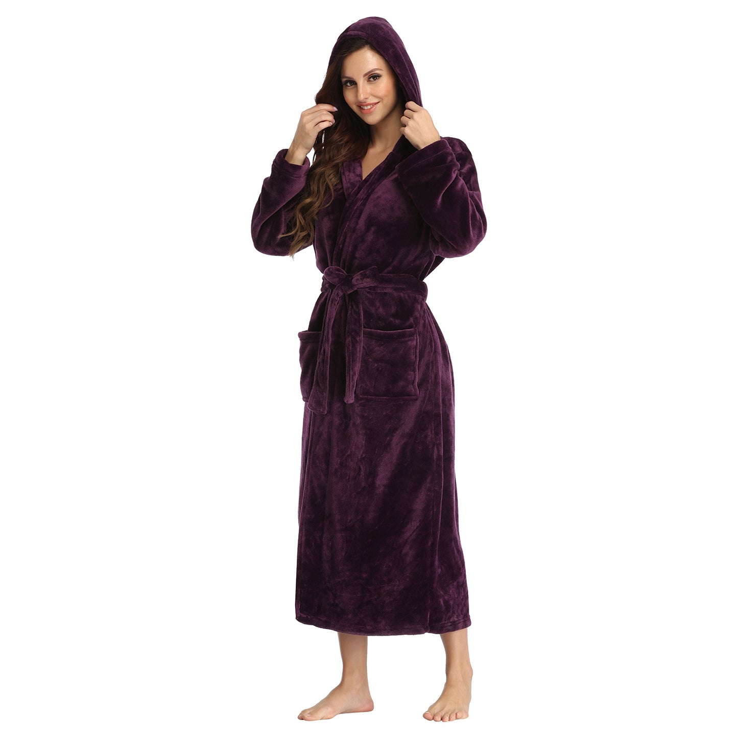 Ladies Long Fleece Bathrobe with Hood and Pockets