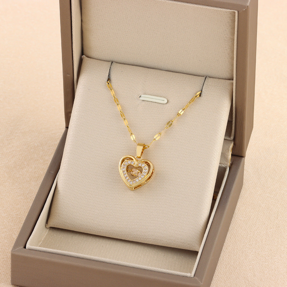 Titanium Steel Pendant Double-layer Love Necklace with Rhinestones Fashion Jewelry Woman