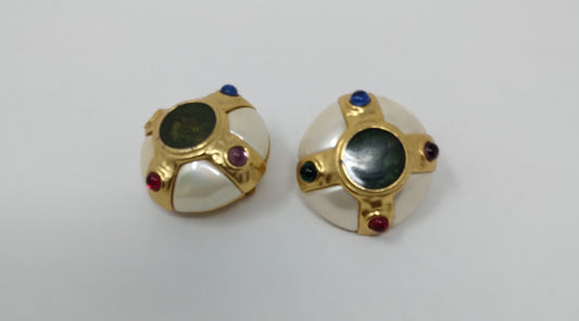 Vintage Carolee Round Roman coin back Caged Mabe Faux Pearls and Colorful Cabochon Stones Clip-on Earrings