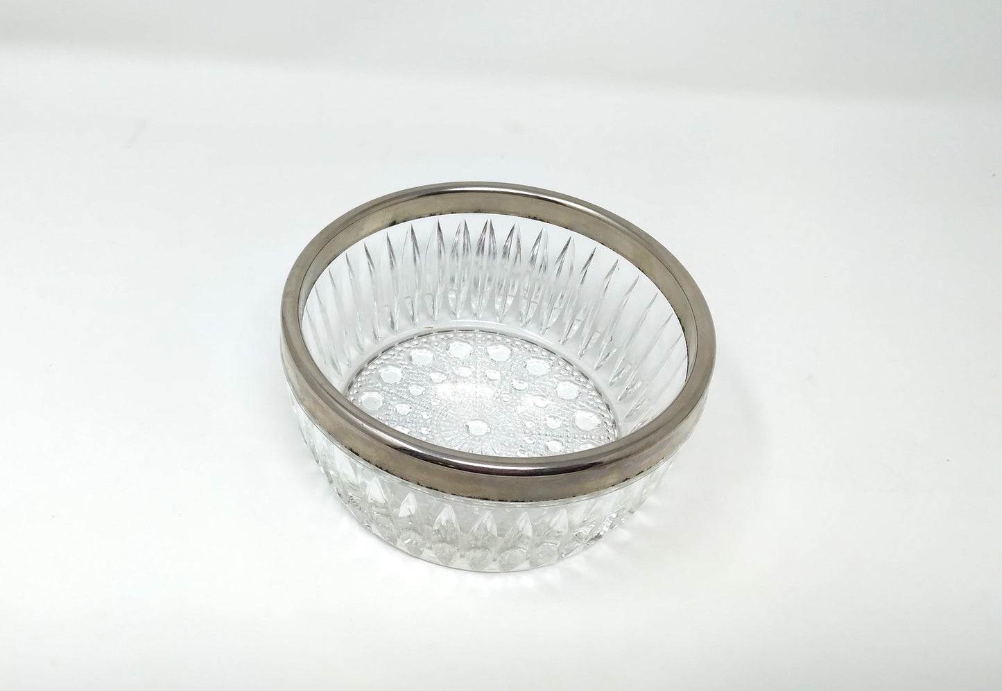 Vintage Crystal Bowl With Silver Plate Band Rim Starburst Thumbprint Pattern 9 Inch