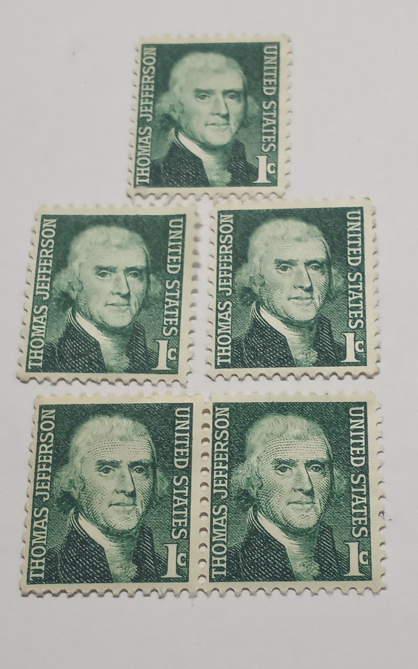 5 Antique 1 cent Postage Stamps President Thomas Jefferson Green (Rare Vintage )