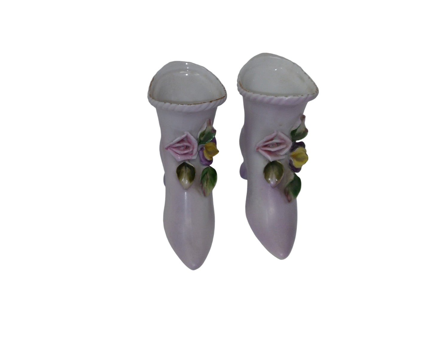 2 Vintage Miniature Ceramic Porcelain High Heel Roses flower shoes