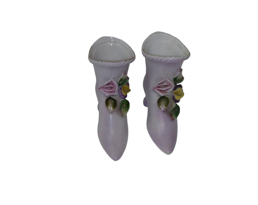 2 Vintage Miniature Ceramic Porcelain High Heel Roses flower shoes