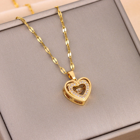 Titanium Steel Pendant Double-layer Love Necklace with Rhinestones Fashion Jewelry Woman